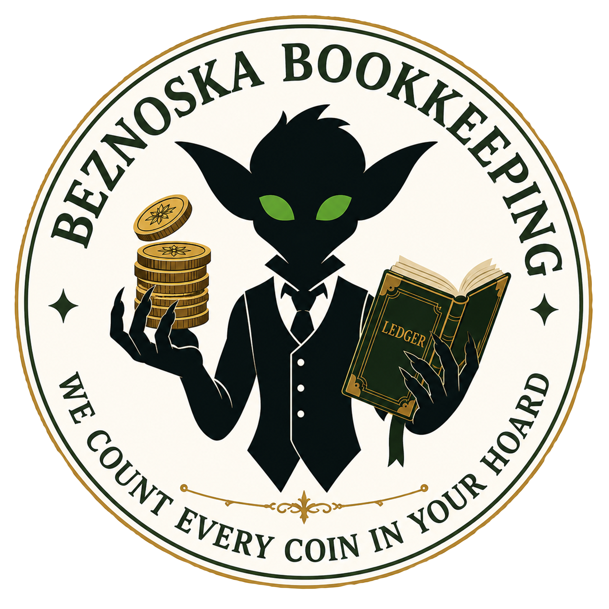 Close-up of a sticker with the text 'Bronze Oska Bookkeeper' surrounding a black silhouette of a dragon with green eyes, a stack of gold coins, and an open ledger book.