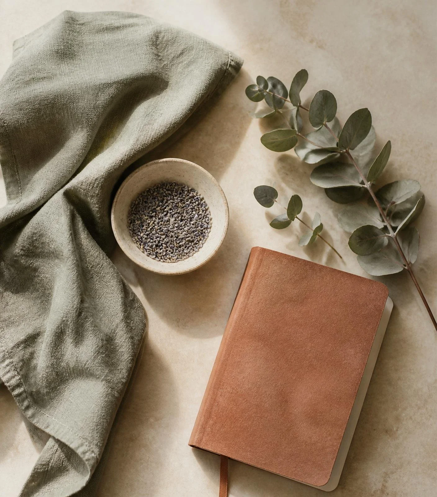 Flat lay arrangement of a green cloth, a small bowl of lavender seeds, a branch of eucalyptus leaves, a closed pink hardcover notebook, and a beige background surface.