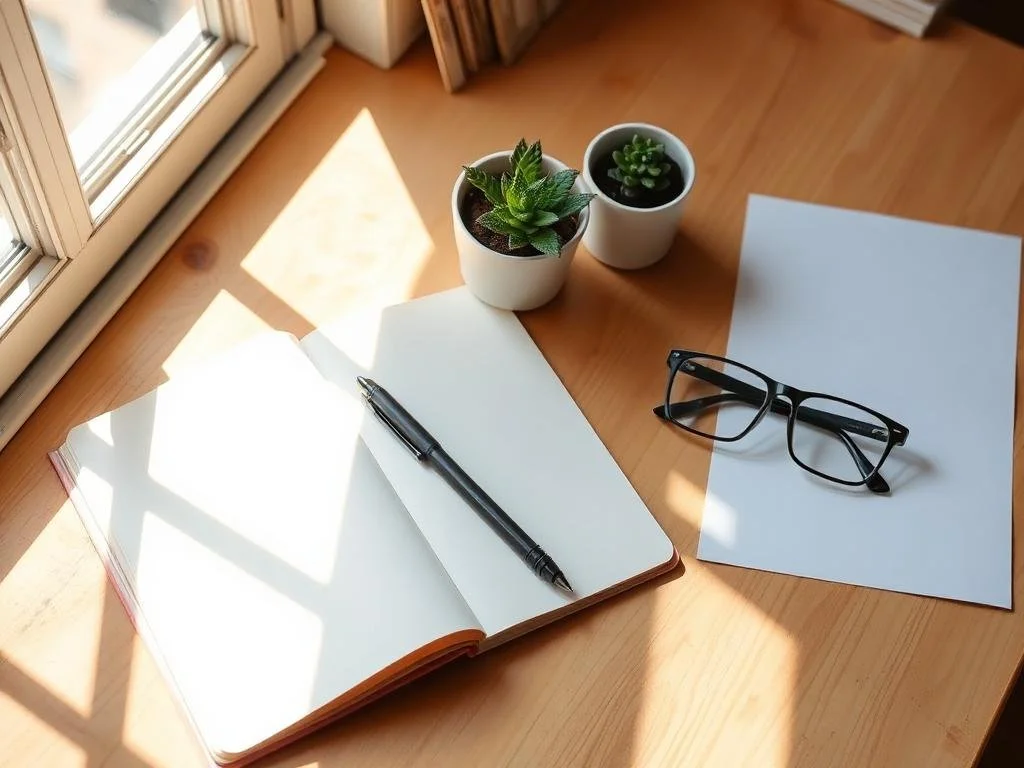 Open notebook with blank pages and a black pen, two potted succulents, a pair of black glasses on a white sheet of paper, all on a wooden desk near a window with sunlight.
