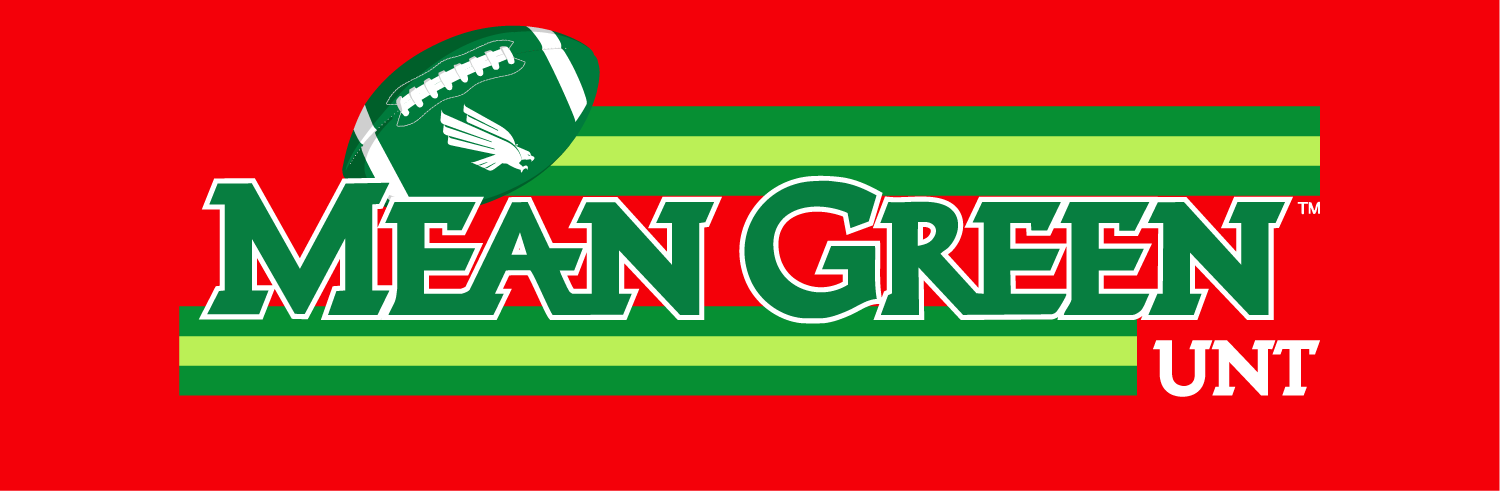 Logo of the University of North Texas Mean Green football team, featuring a green football with a white falcon, bold green and white text, and a red background.