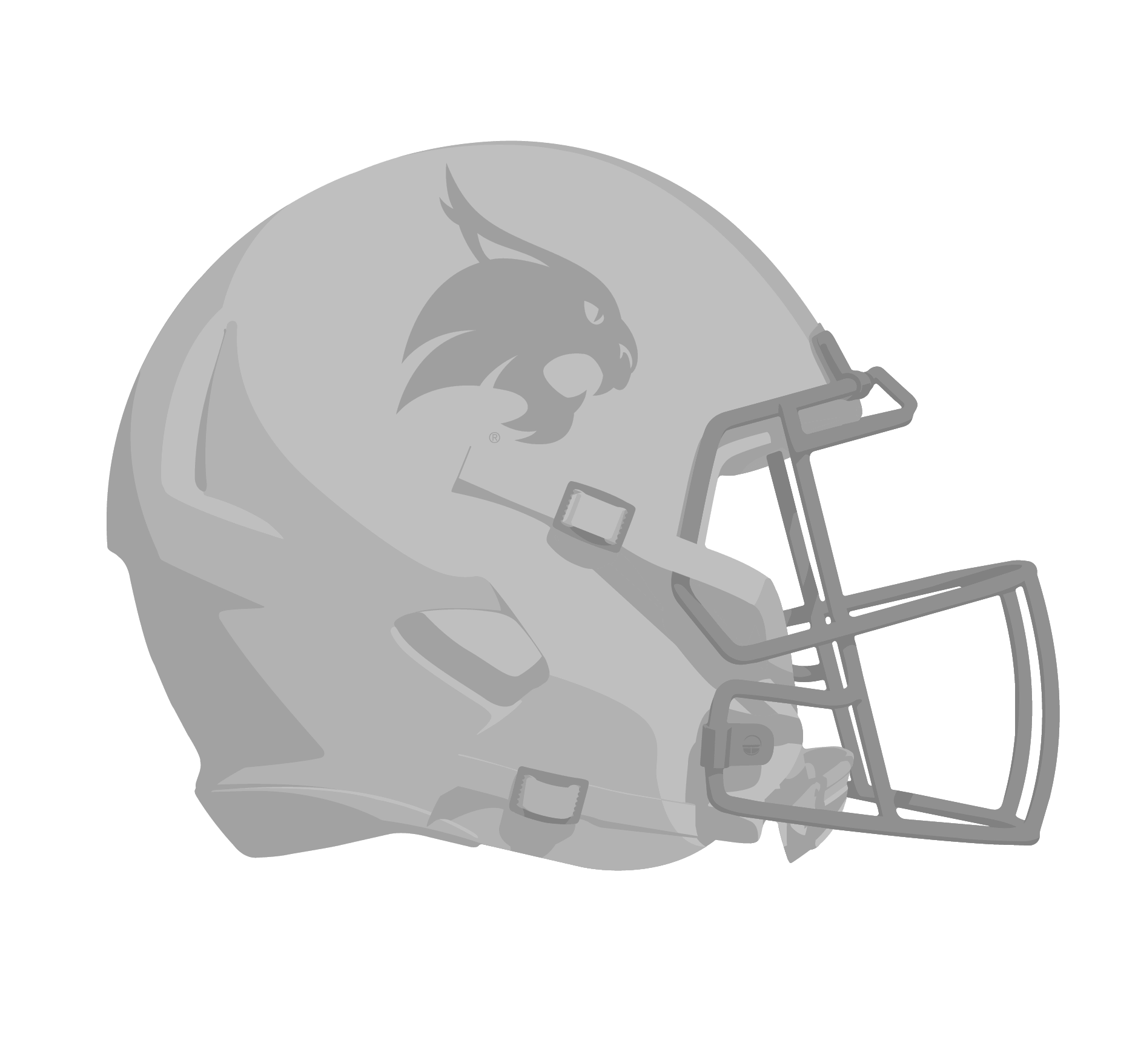 An illustration of a beige football helmet with a maroon wildcat logo and black faceguard.