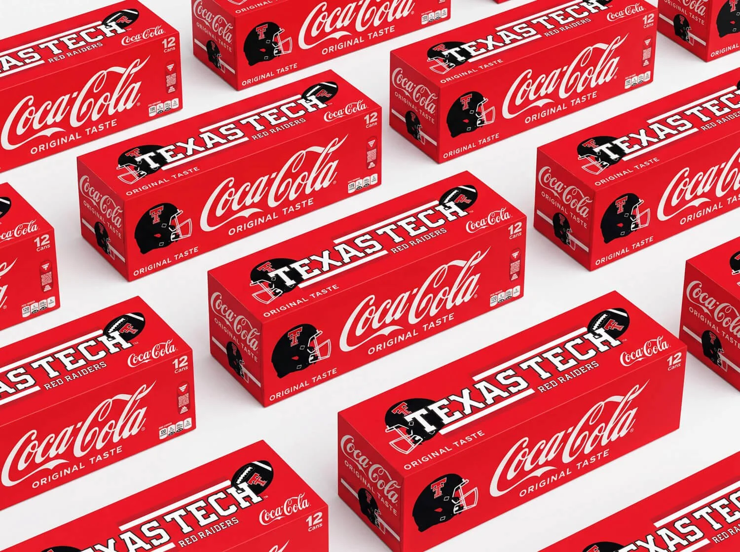 Multiple red Coca-Cola boxes with Texas Tech Red Raiders branding, featuring a black football helmet with a red 'T'.