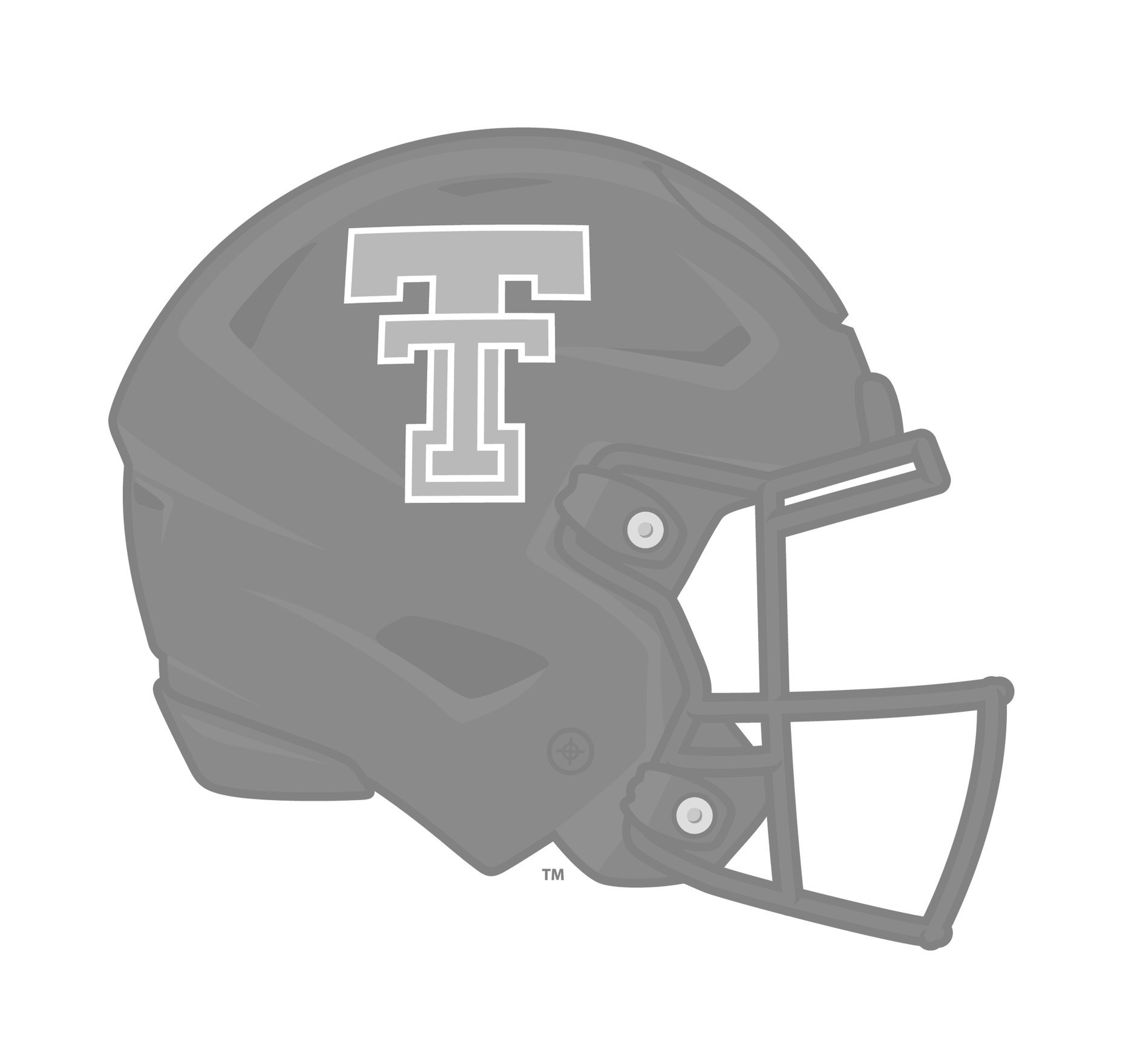Close-up of a football helmet with a red and white Texas Tech logo on the side, featuring a black face mask and a dark background.