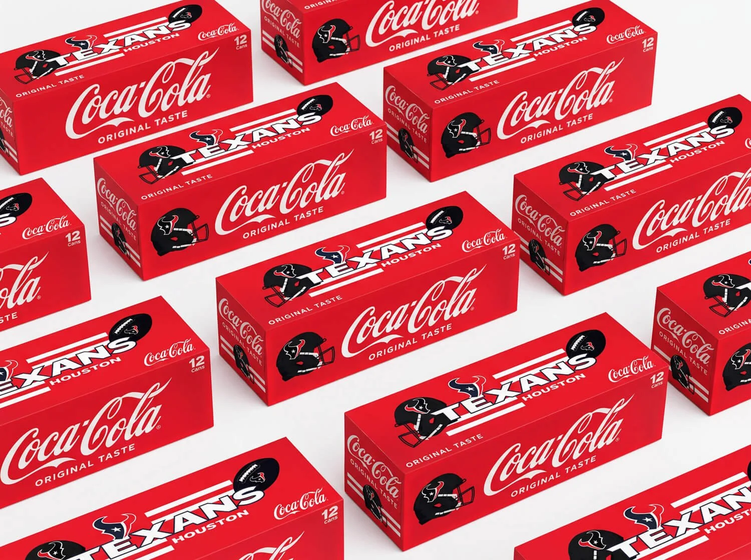 Multiple red Coca-Cola boxes with Houston Texans football team branding arranged in a pattern.