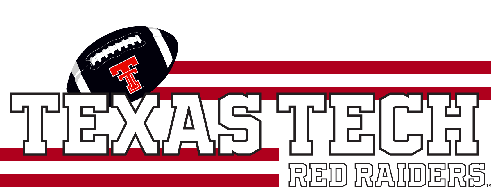 Texas Tech Red Raiders logo with an American flag striped background and a football with the Texas Tech logo on it.