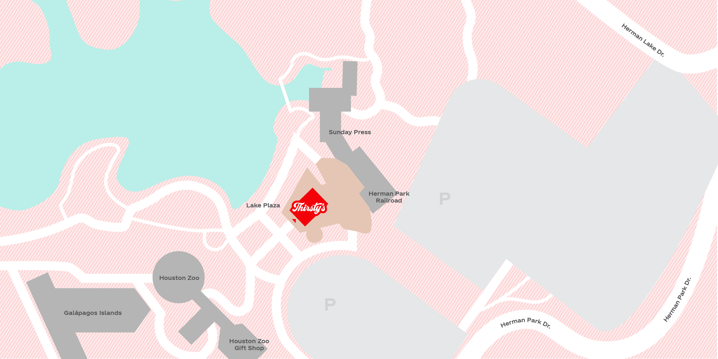 Map of Houston Zoo area showing Thirsty's restaurant marked with a red icon, nearby landmarks including Houston Zoo, Galápagos Islands exhibit, and Houston Zoo Gift Shop, with surrounding roads and parking areas.