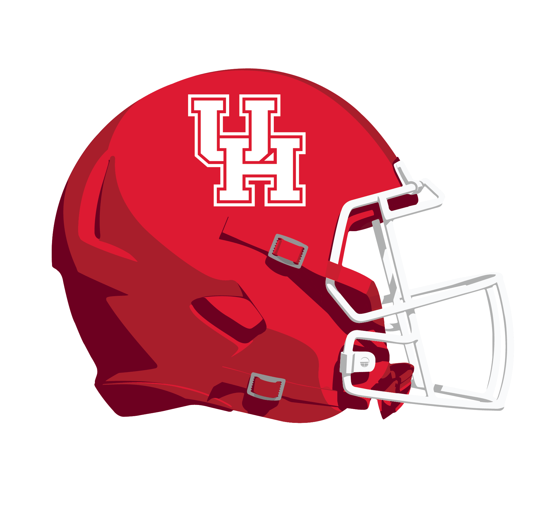 Close-up of a red football helmet with a white facemask and the logo 'UH' in white outlined in red on the side.