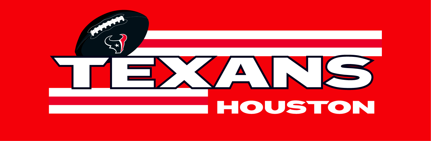 Graphic with a red background, white and red stripes, the word 'TEXANS' in bold white with black outline, and 'HOUSTON' in white below. A football with a Texans logo is at the top left.