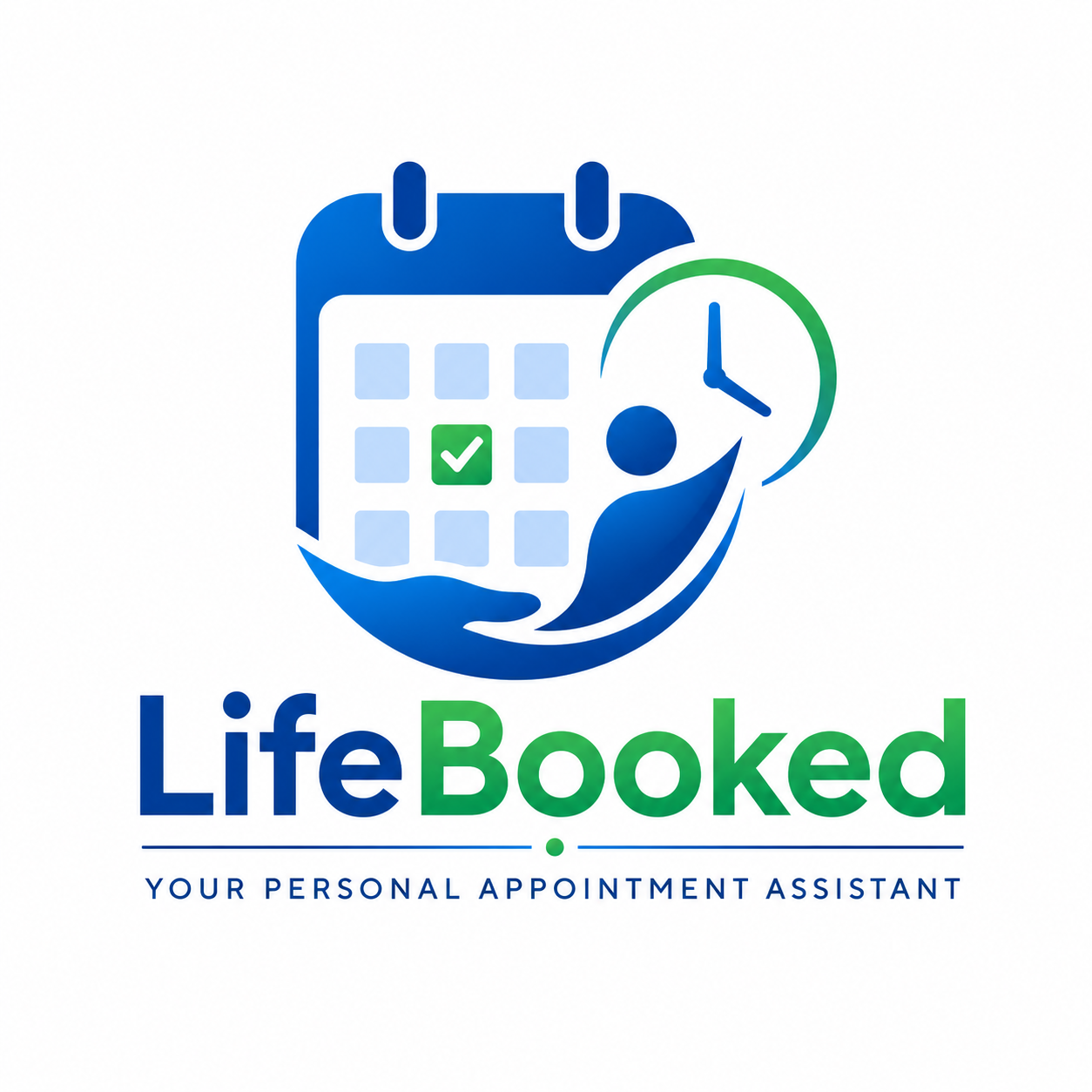 Logo for Life Booked, a personal appointment assistant, featuring a calendar with a check mark, a person, and a clock.