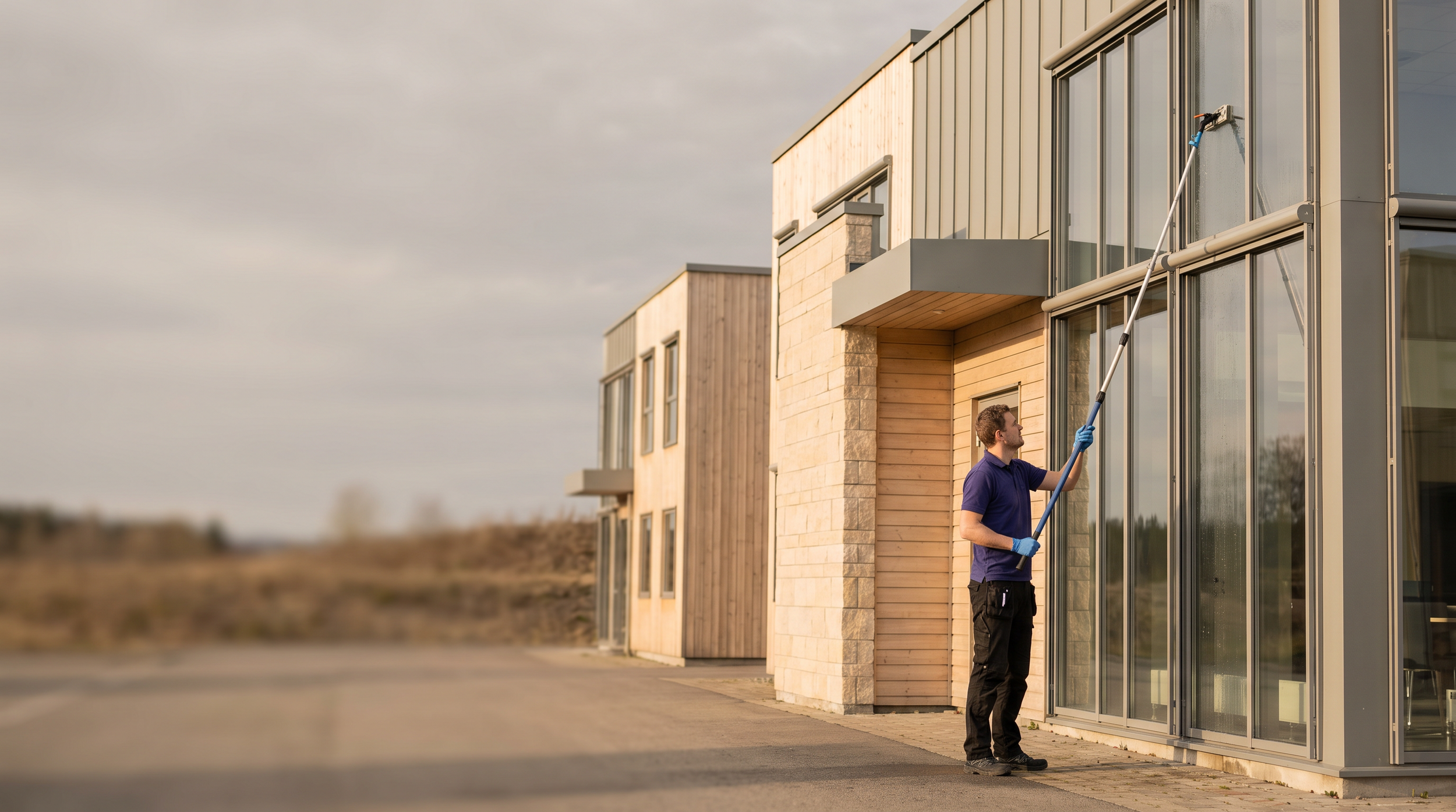 En mann i blå skjorte og hansker som bruker et langt redskap for å vaske vinduene på en moderne bygning av glass og tre.