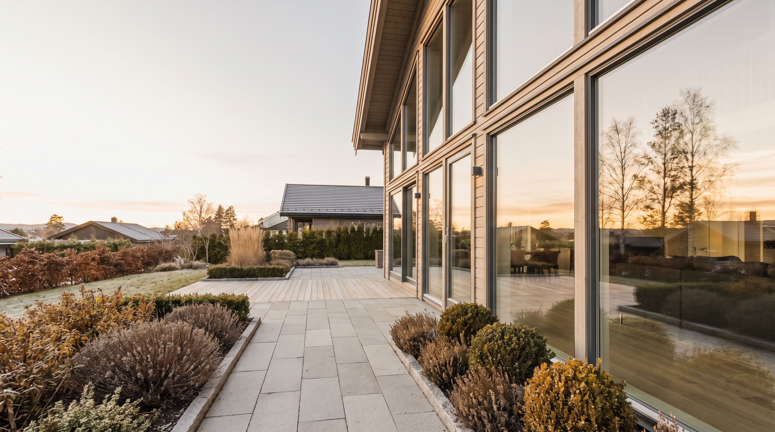 Moderne bolig med stor glassfasade og plen med planter og busker, sett ved solnedgang.
