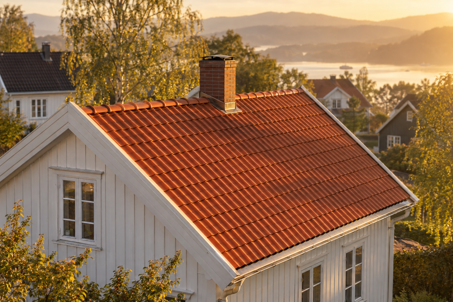 Et hus med hvit kledning, med tak av oransje takstein og skorstein av murstein, under en solnedgang i en landsby med trær og fjell i bakgrunnen.