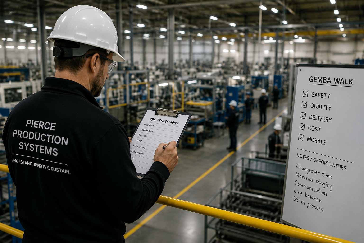 A man in a black jacket with 'Pierce Production Systems' logo taking notes on a clipboard in a large industrial warehouse filled with machinery and workers wearing safety helmets.