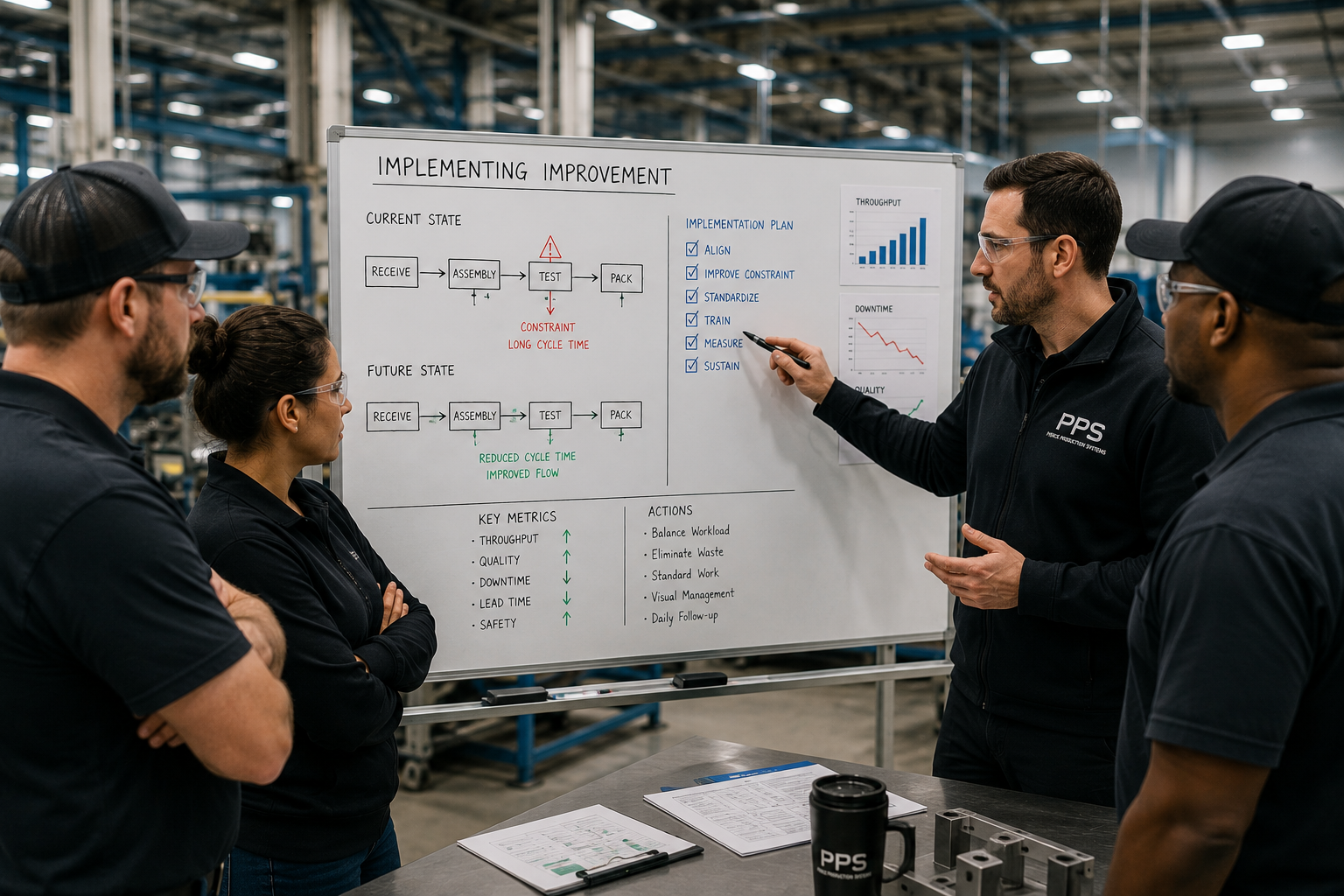 A group of four employees in safety glasses and dark clothing in an industrial warehouse, listening to a man presenting a whiteboard with process flow diagrams, key metrics, and action items related to manufacturing improvement.