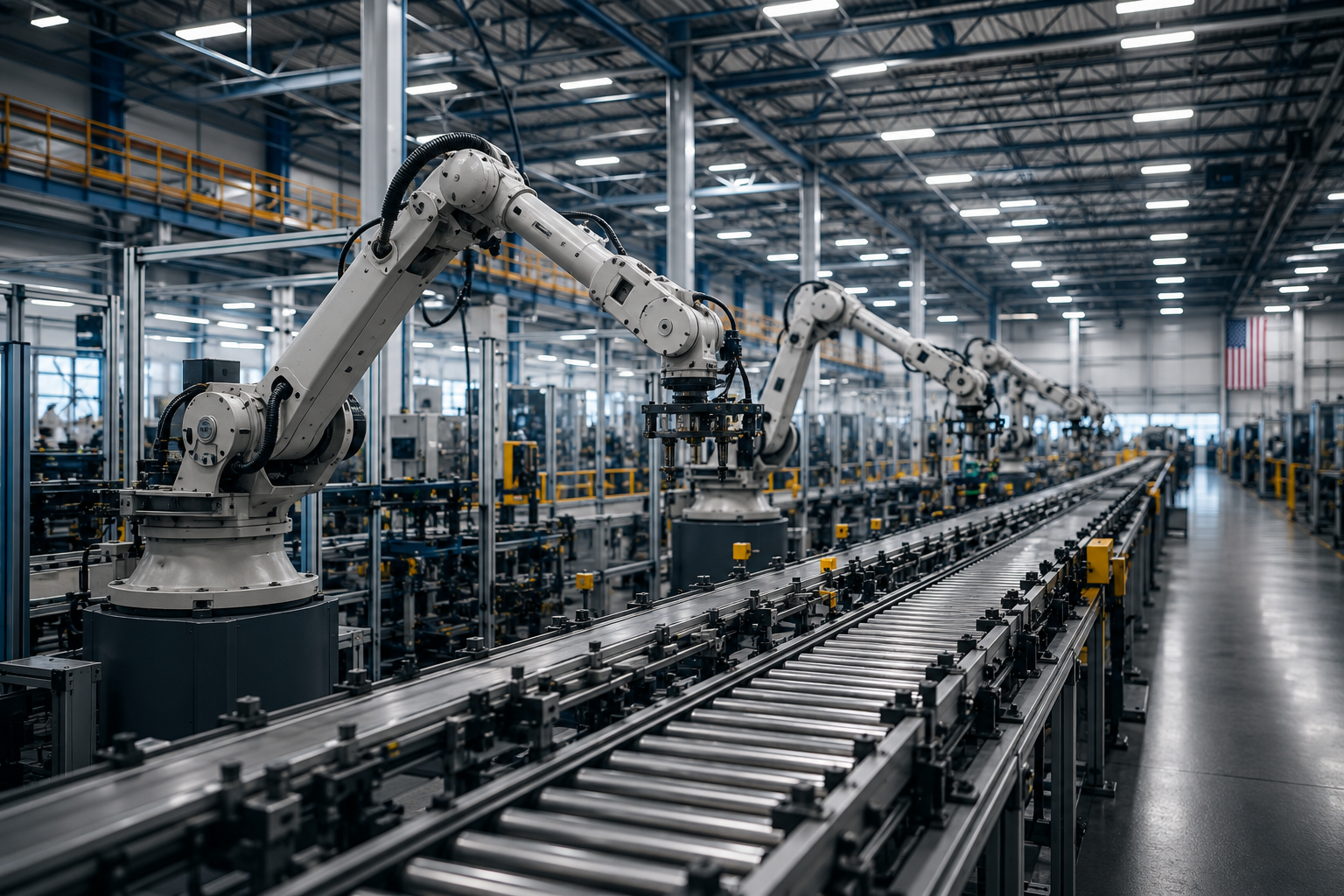 Robotic arms working on an industrial assembly line in a factory.