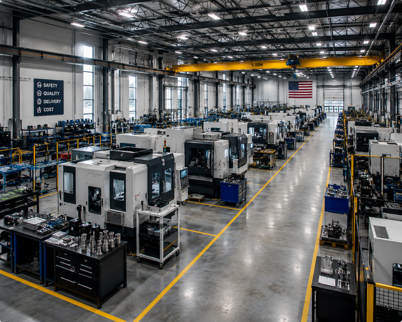 A large industrial manufacturing facility with multiple CNC machines arranged in rows, yellow safety barriers, and an American flag hanging on the back wall. Bright lighting and an overhead crane are visible.