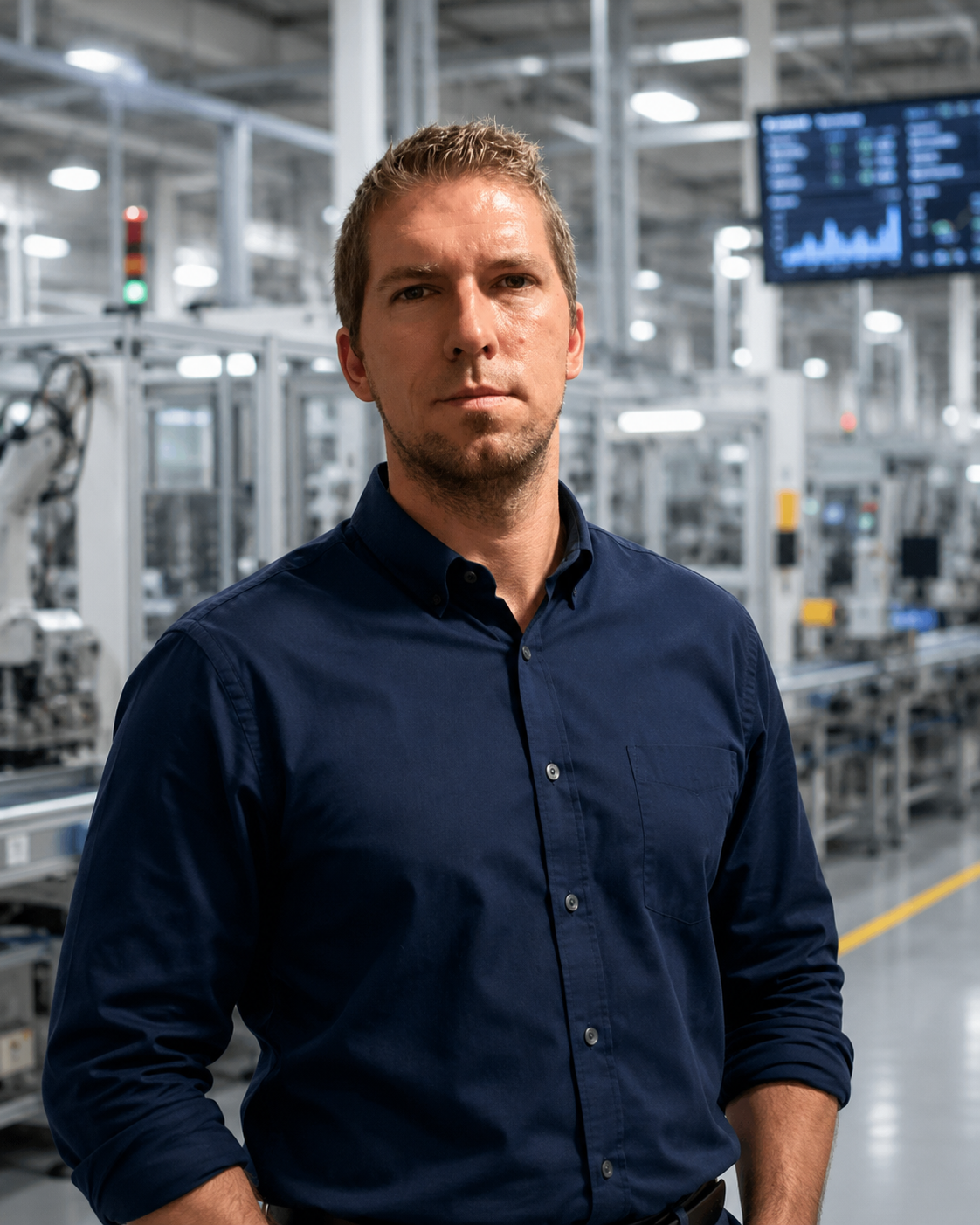 Man in a dark blue shirt standing in an industrial manufacturing or technology facility with machinery and a digital display screen in the background.