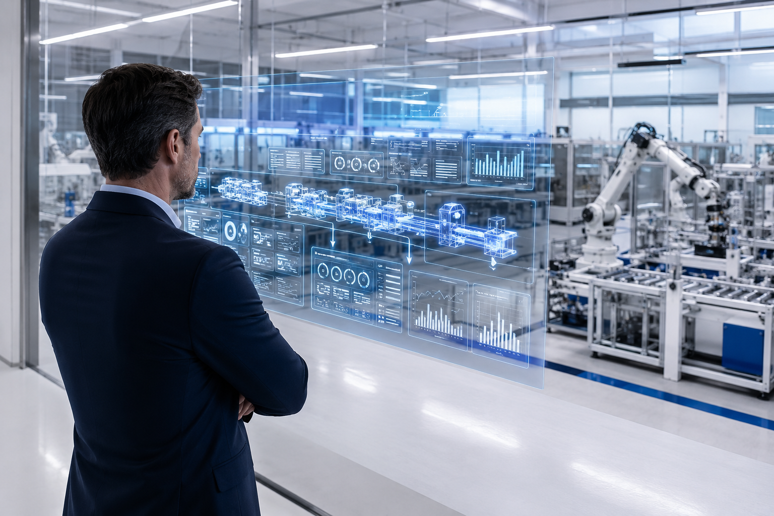A man in a suit looking at a transparent digital display with charts and diagrams, in a modern industrial factory with robotic arms.