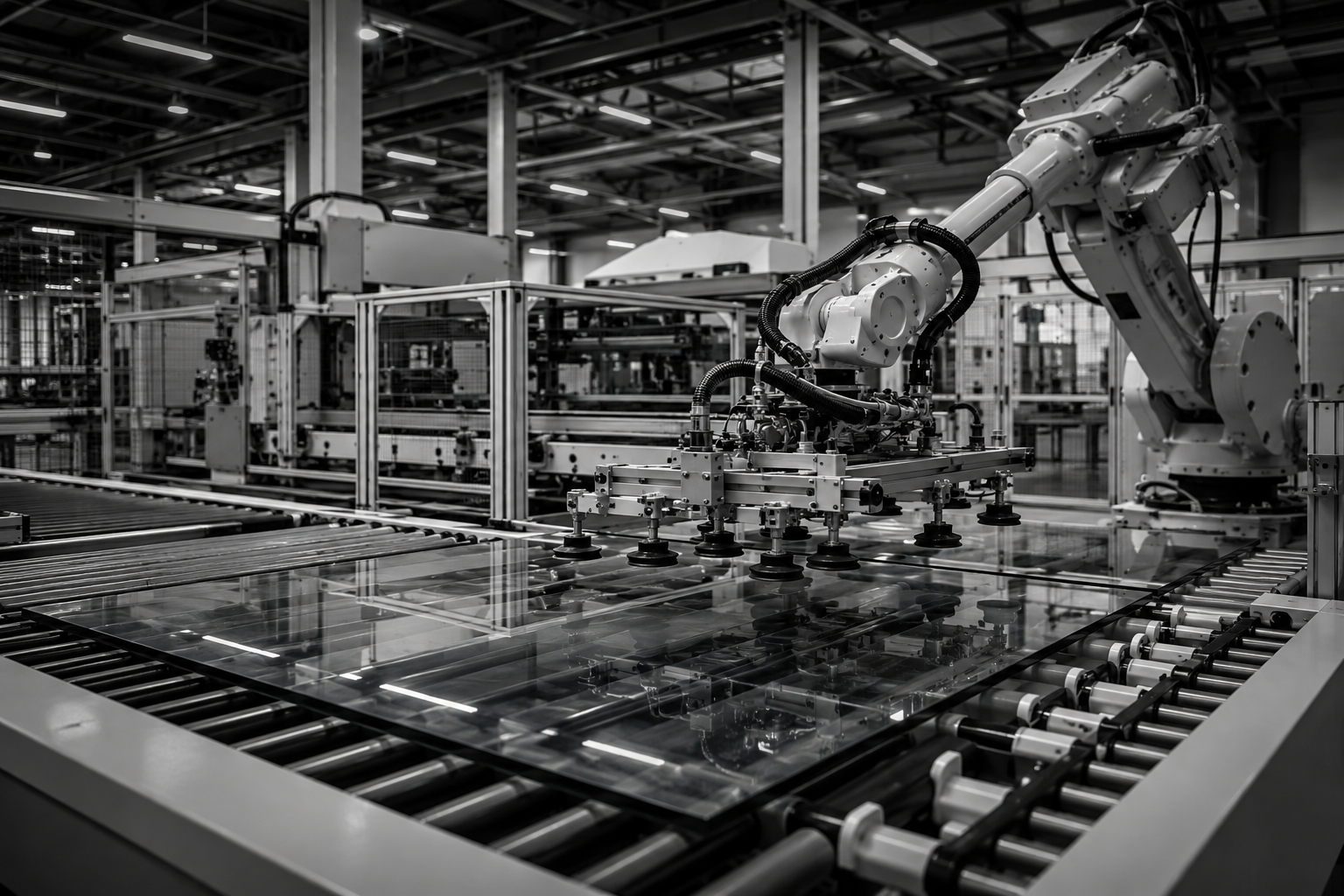 Industrial robotic arm working on a manufacturing conveyor belt in a factory.