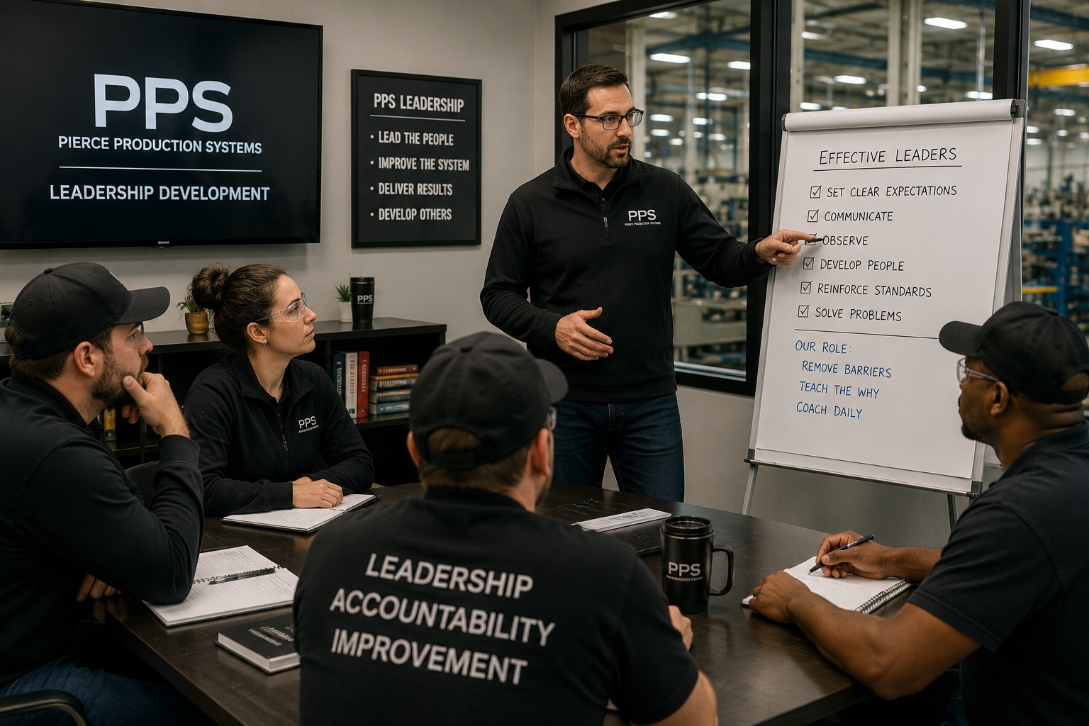 A man in glasses standing next to a whiteboard presenting to a group of people seated around a table in a meeting room, with a large screen displaying 'PPS' and 'Leadership Development' in the background. The whiteboard lists qualities of effective leaders and their role.