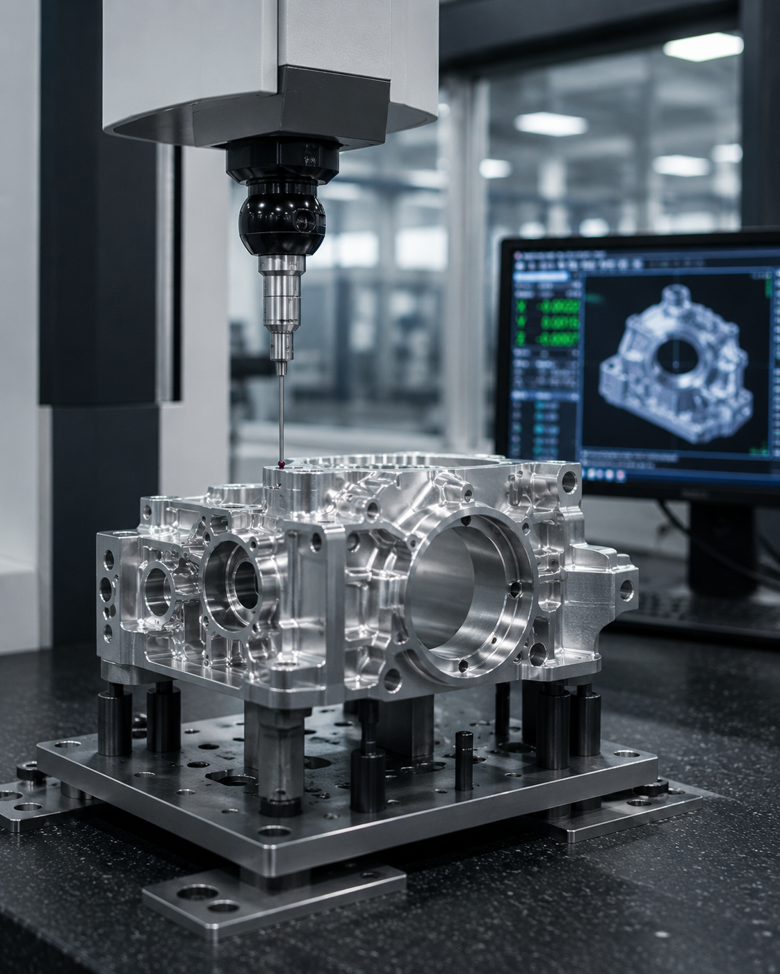 A CNC machine drilling a machined metal engine component in a manufacturing facility, with a computer monitor displaying a 3D model of the part.