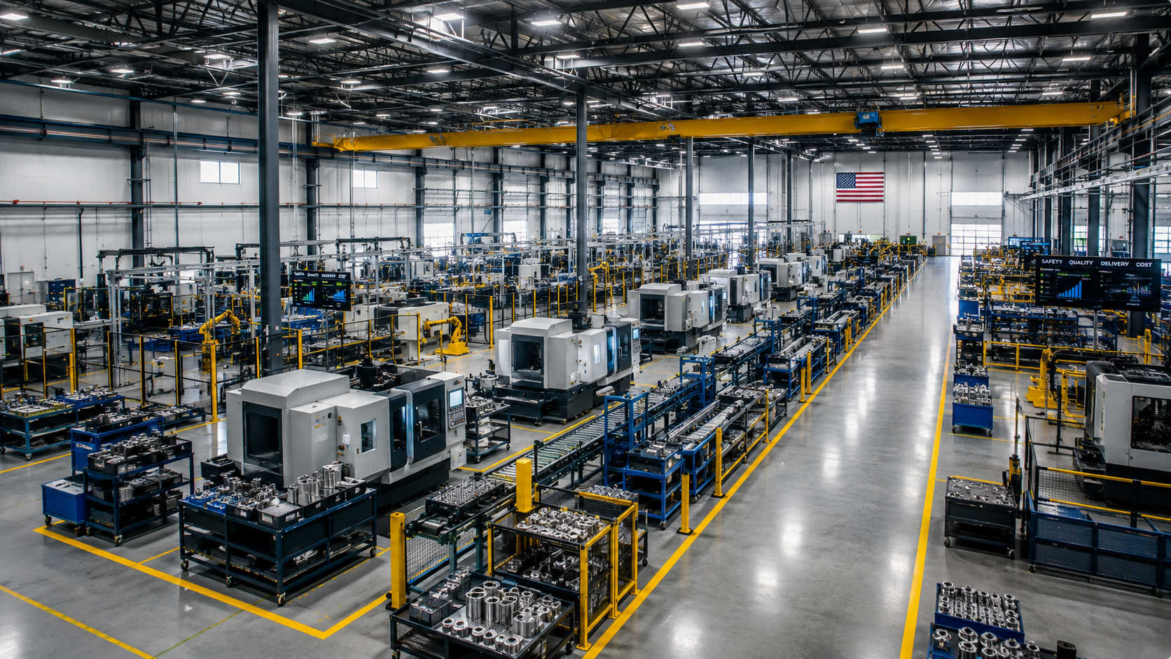 A large industrial manufacturing factory with multiple CNC machines and metal parts on carts organized in rows, with a yellow overhead crane, American flag, and safety information screens.
