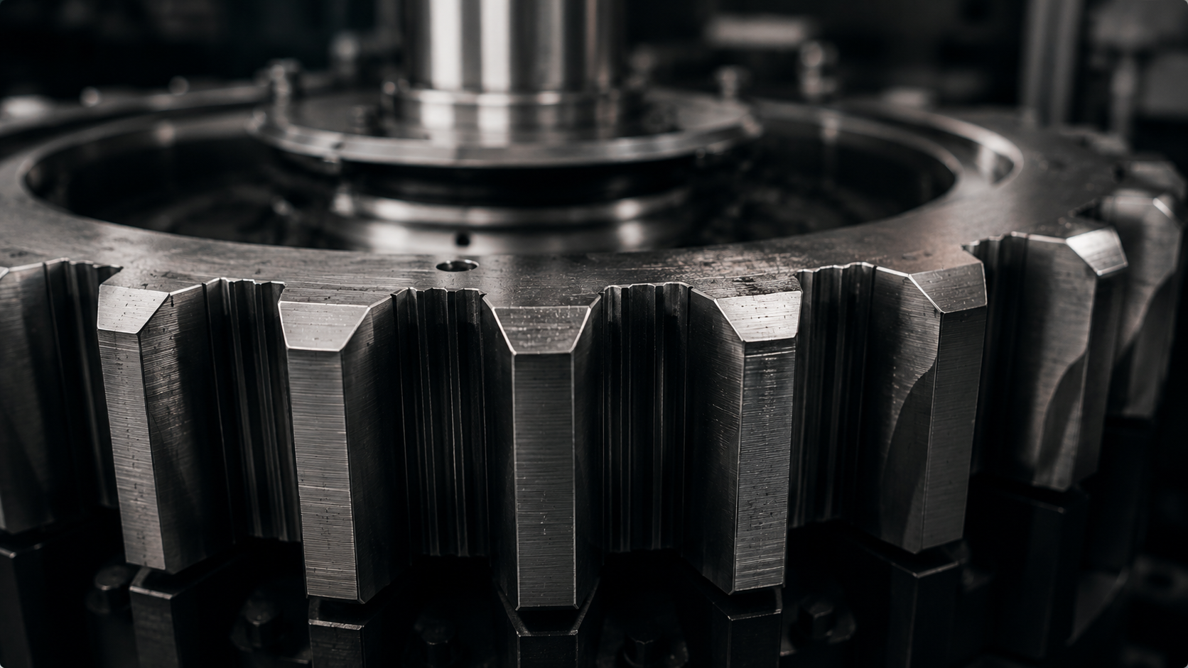 Close-up of a large, metallic gear with evenly spaced teeth, part of industrial machinery.