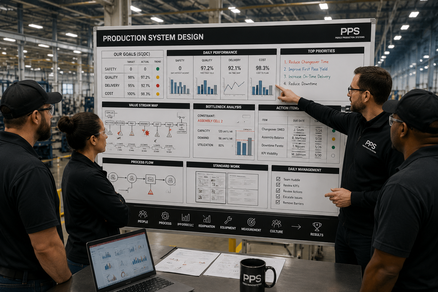 A man in glasses and a black shirt points at a large production system design chart on a board during a team meeting, with three other team members listening inside an industrial warehouse.