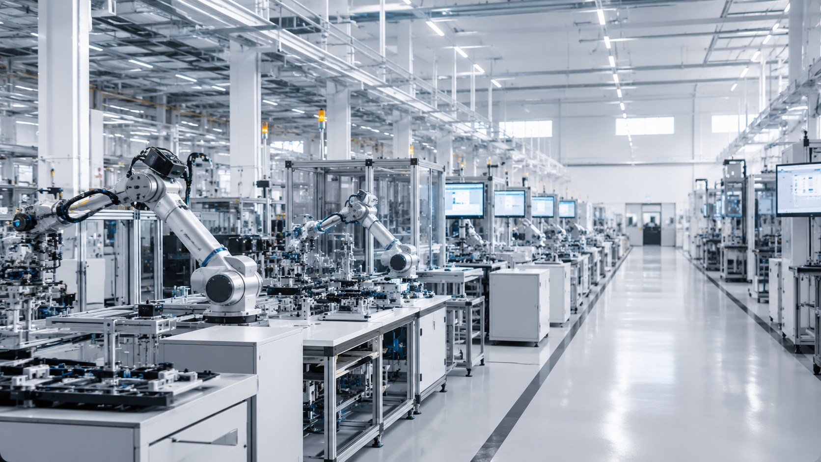 A manufacturing factory with robotic arms working on assembly lines, computer monitors monitoring processes, and a clean, organized environment.