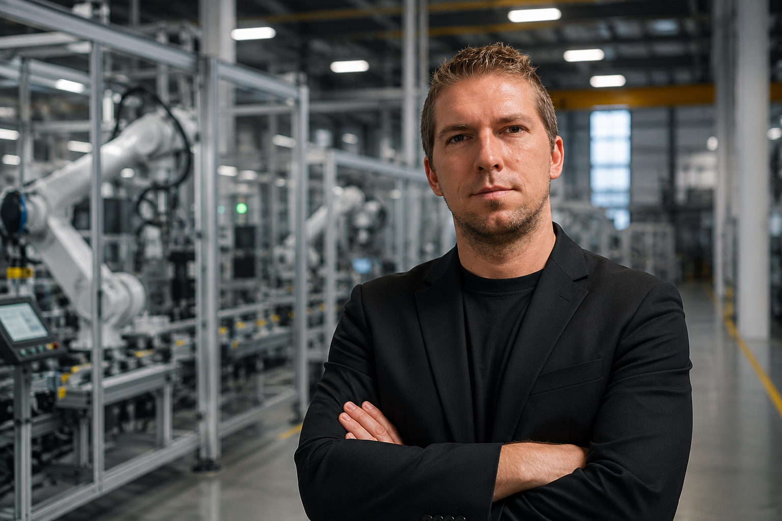 A man with crossed arms in a black blazer standing in a high-tech industrial setting with robotics and machinery in the background.