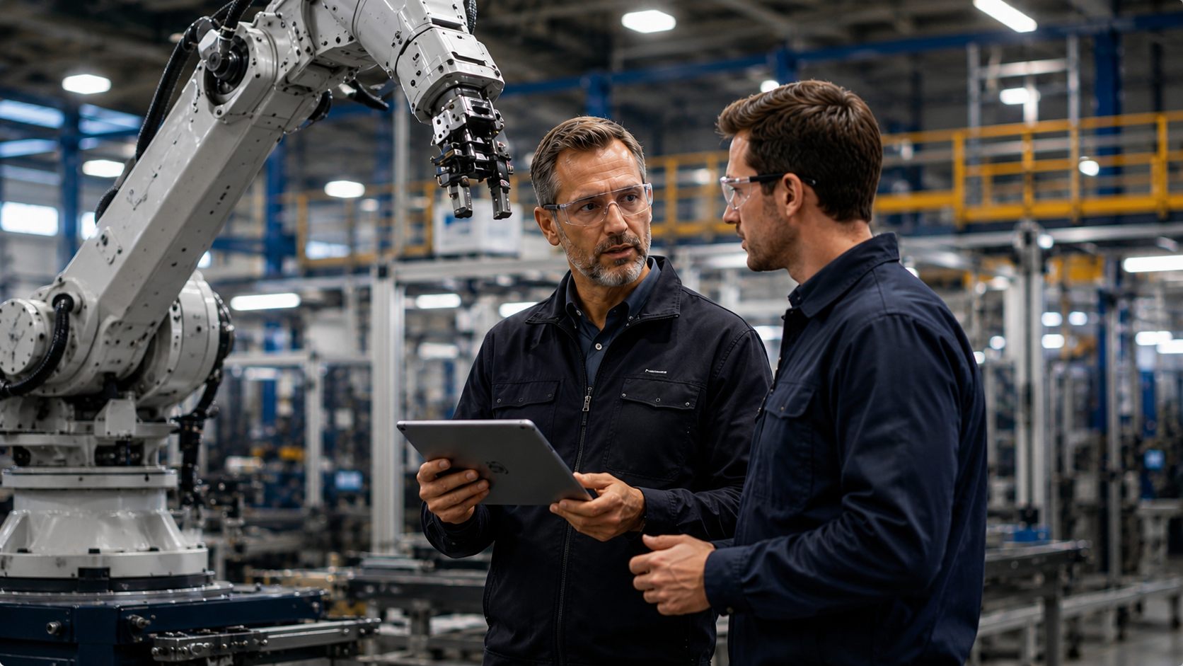 Two men in safety glasses and work uniforms discussing in an industrial factory with robotic machinery around them.