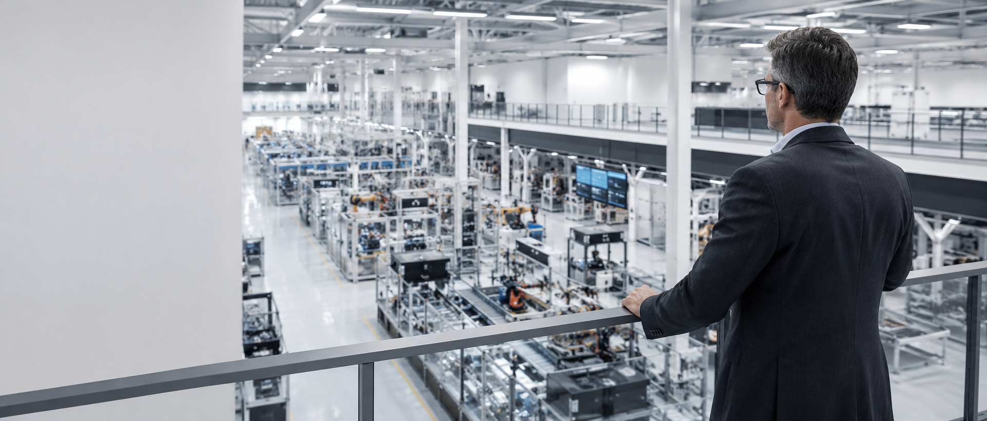 A man in a dark suit and glasses overlooking an industrial factory with assembly lines and robotic equipment.