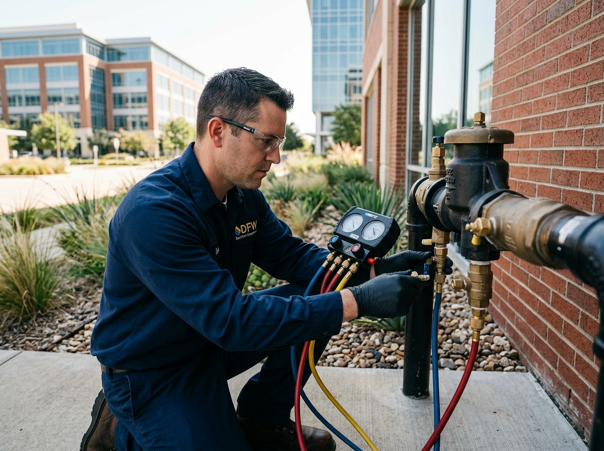 Certified technician testing commercial backflow assembly for BSI Online compliance in Frisco Texas