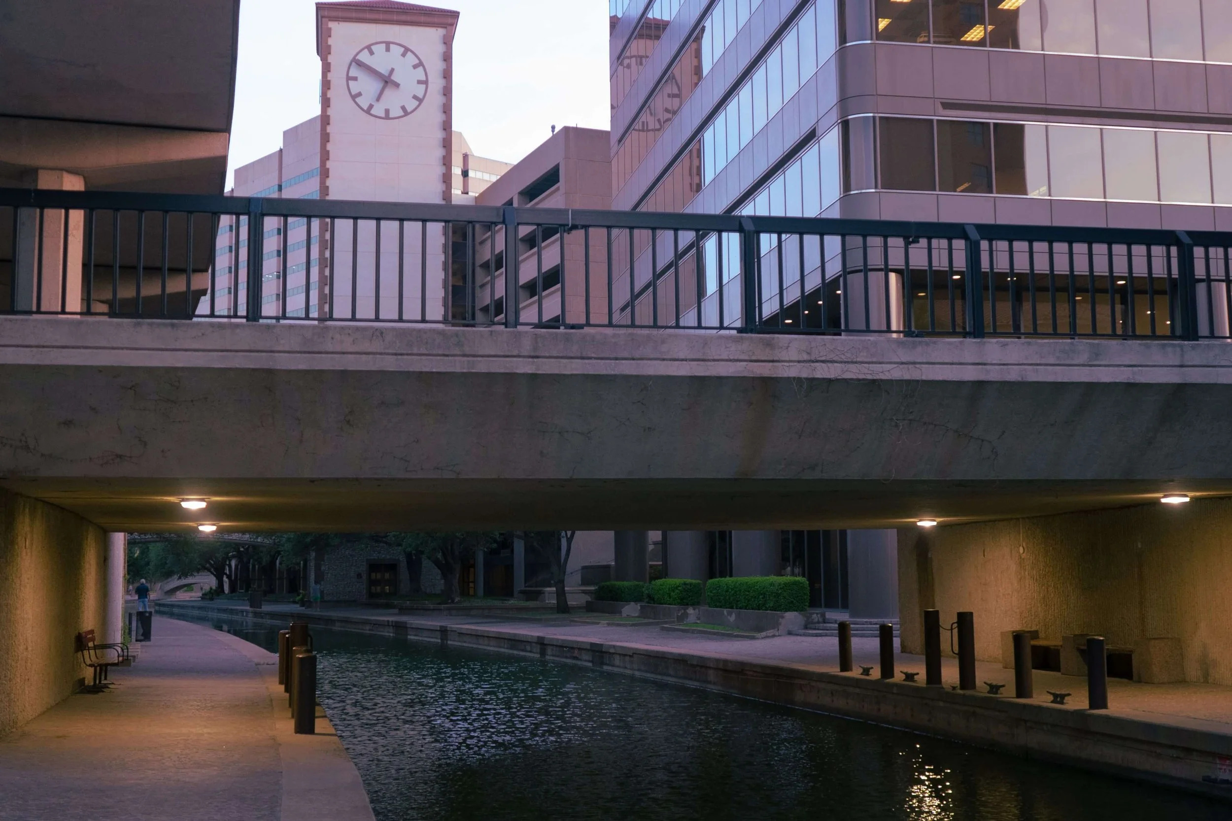 Commercial office buildings and Mandalay Canal Walk in Las Colinas Urban Center, Irving, Texas