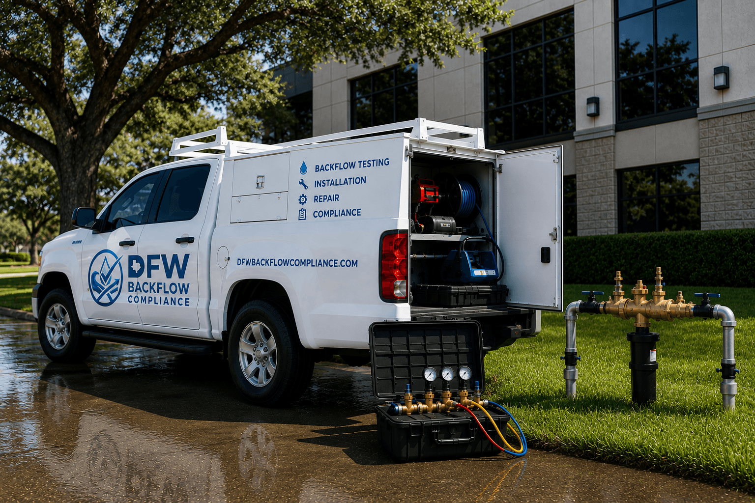 DFW Backflow Compliance service truck parked at a commercial facility next to testing equipment and a backflow assembly