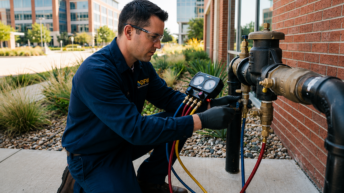 Licensed BPAT technician using differential pressure gauge equipment for annual backflow assembly testing outside a commercial building in DFW.