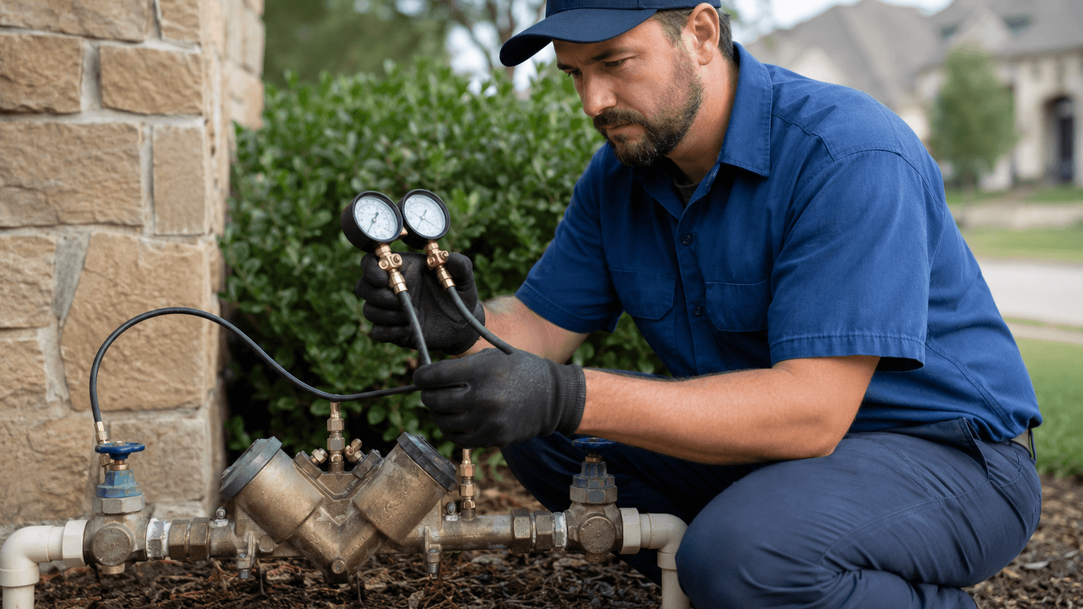 Certified backflow technician testing a commercial RPZ device in Arlington Texas