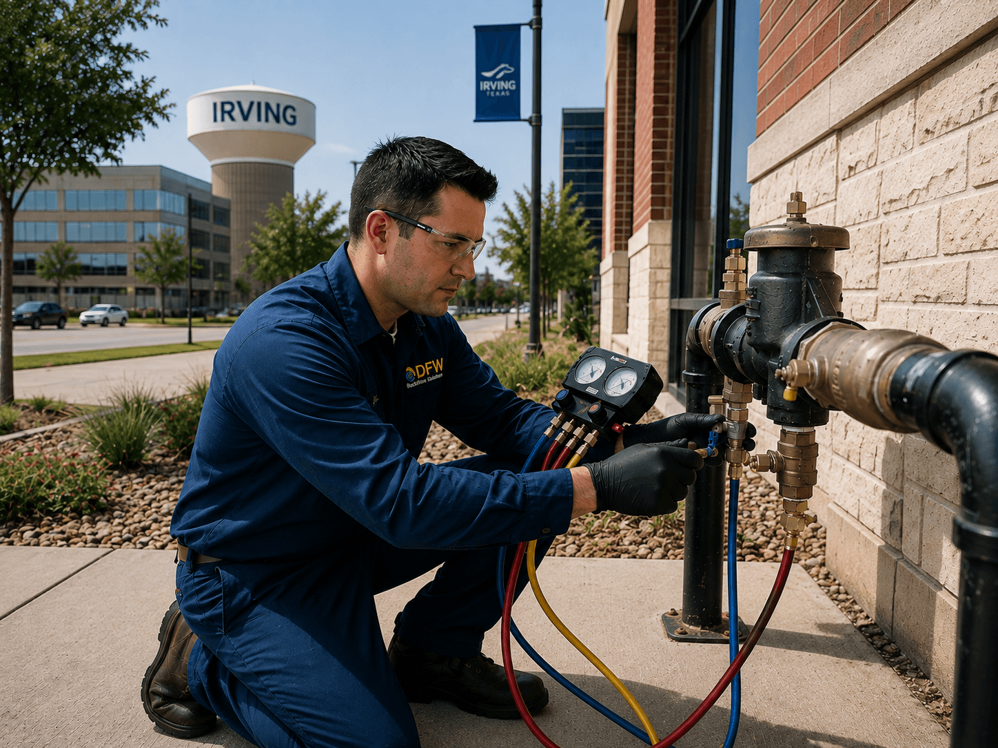 DFW Backflow Compliance technician performing annual commercial backflow testing with an Irving water tower and city street banner in the background.