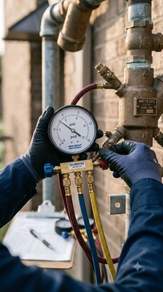 Licensed backflow tester using a calibrated Mid-West Instrument gauge kit to test water pressure