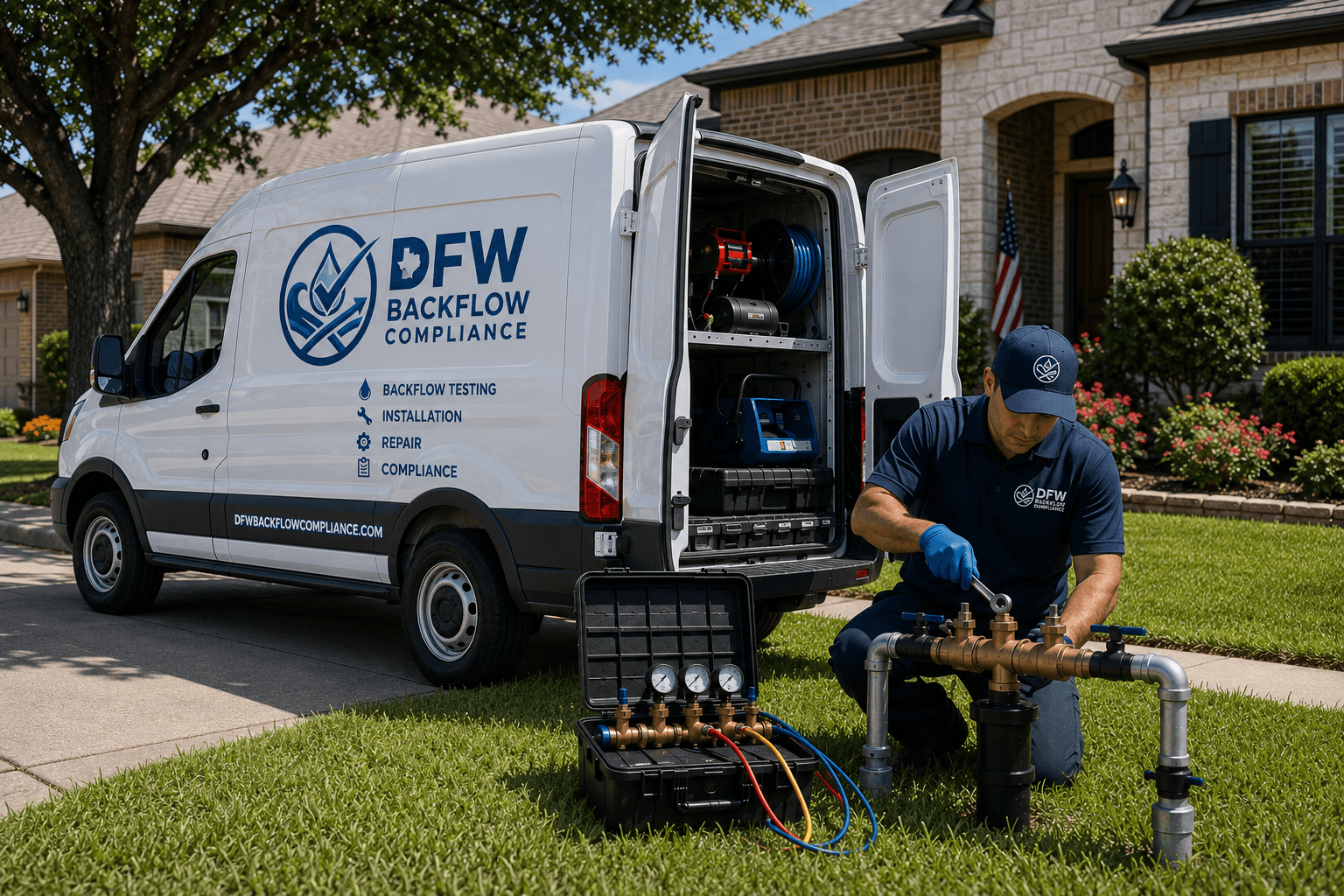 A certified DFW Backflow Compliance technician using a test kit to inspect a residential backflow assembly next to a service van