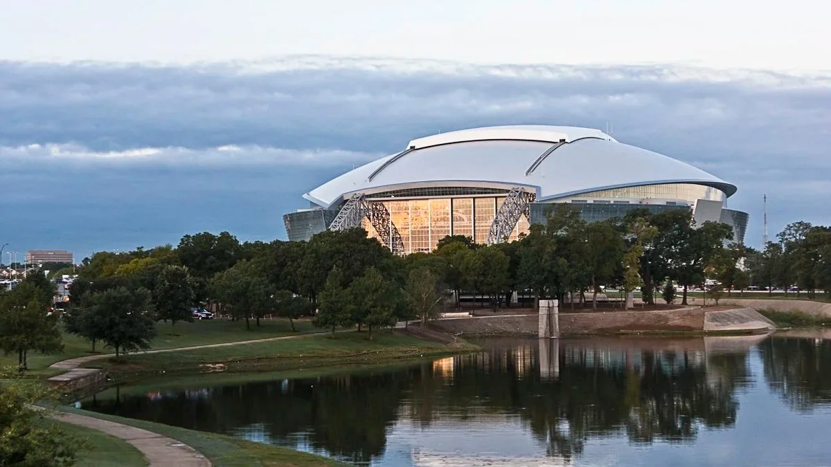 Exterior view of AT&T Stadium in the Arlington Entertainment District for local commercial backflow services