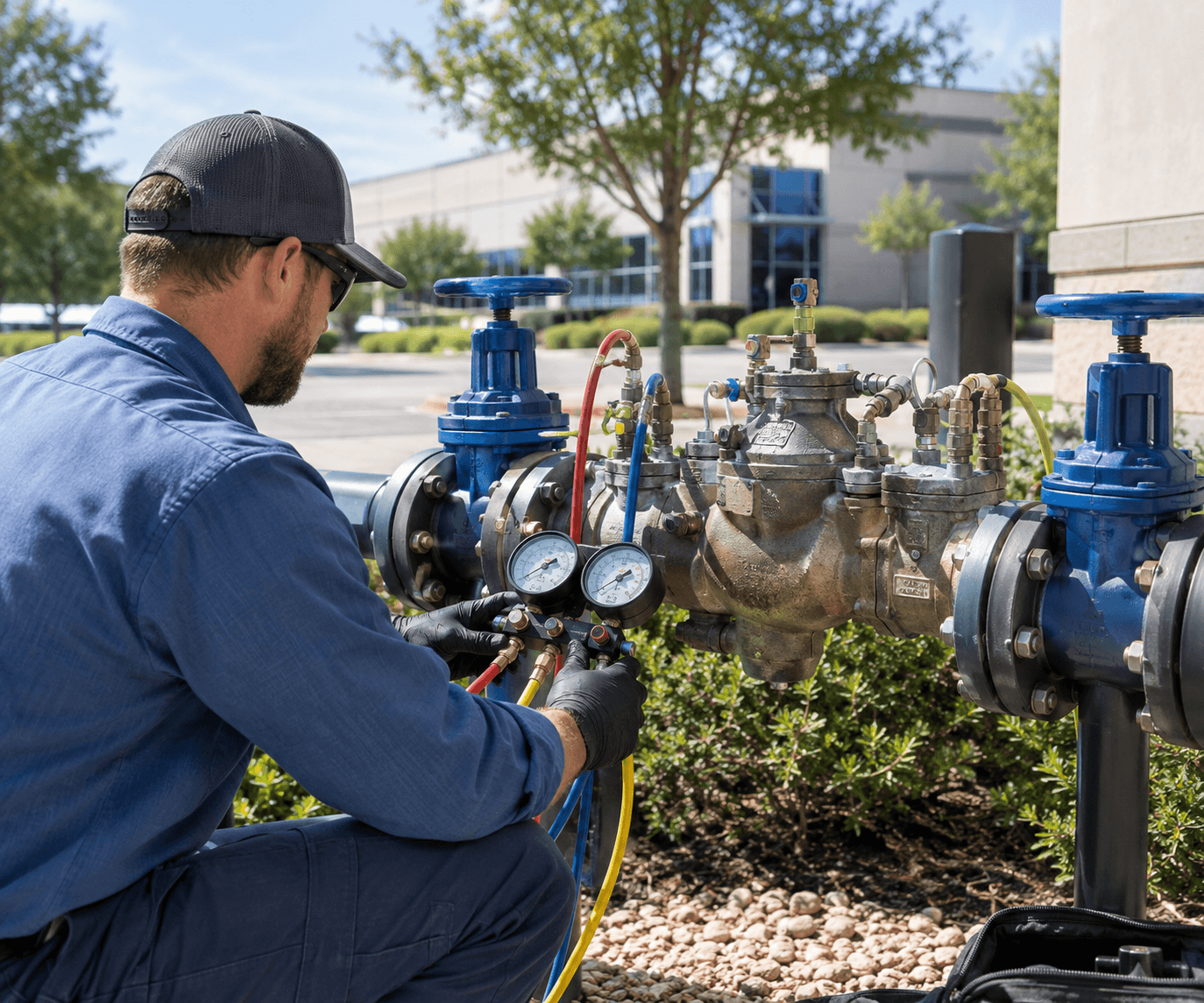 technician testing RPZ backflow system for garland texas