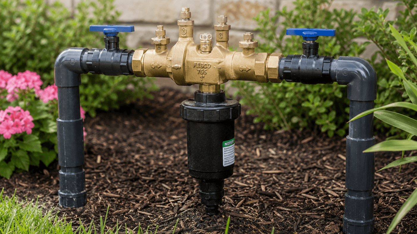 A garden sprinkler with black plastic pipes and a brass control valve, installed in garden soil with flowers and green bushes nearby.