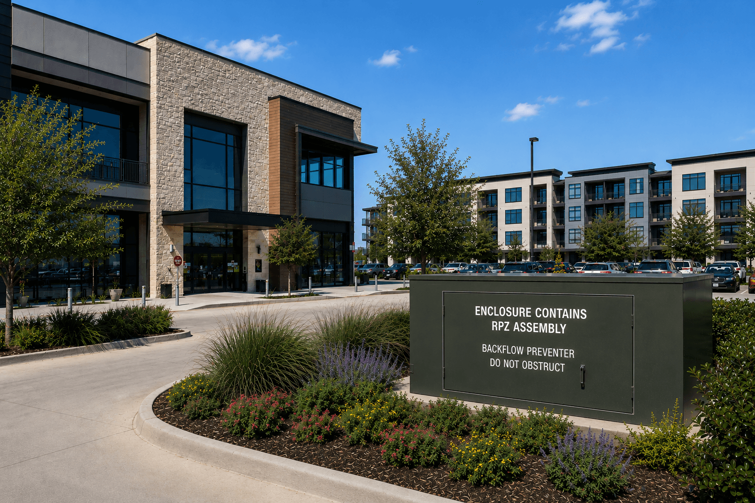 Commercial RPZ backflow preventer assembly installed at a multi-use retail and apartment complex in Dallas-Fort Worth