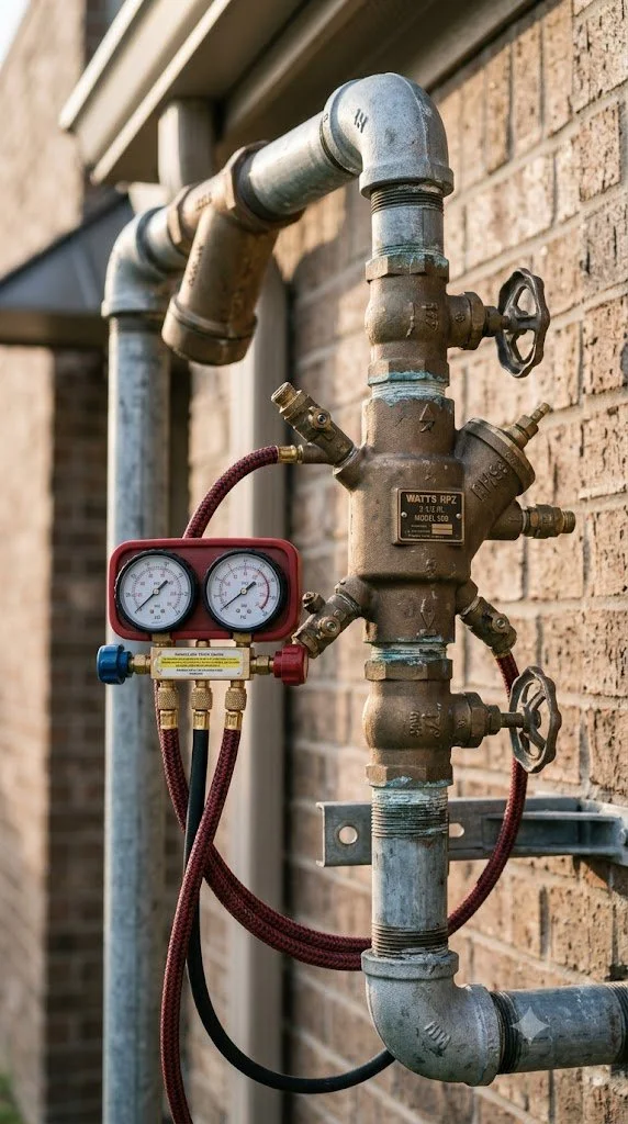 On-site inspection of a commercial RPZ backflow assembly connected to test equipment