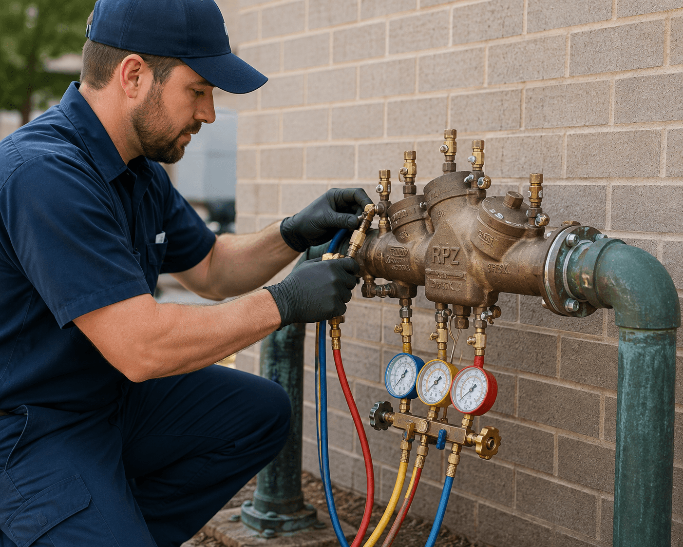 Certified backflow technician connecting differential pressure test gauge hoses to a commercial RPZ valve assembly.