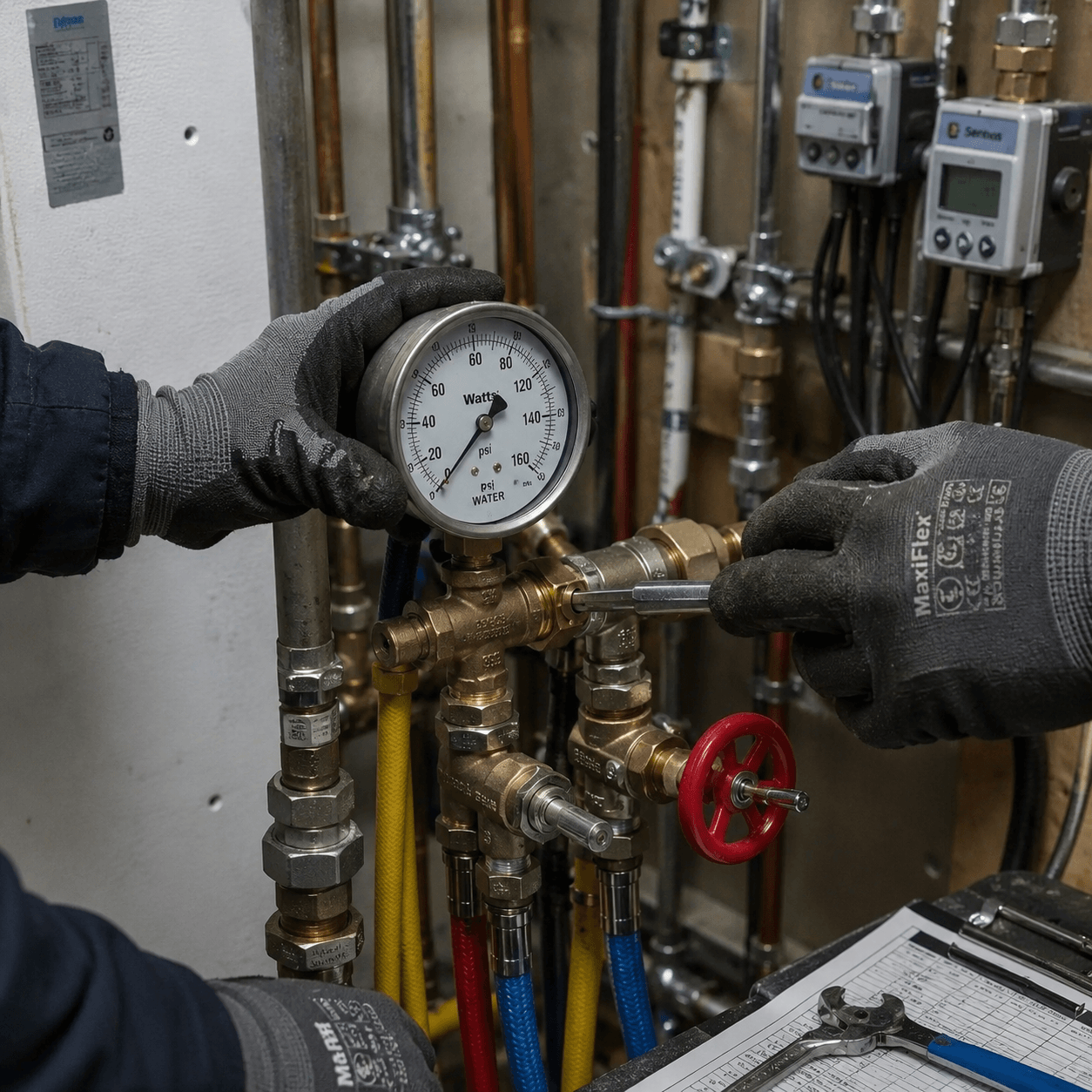 Certified backflow technician using a differential pressure gauge to test a backflow assembly in Dallas-Fort Worth