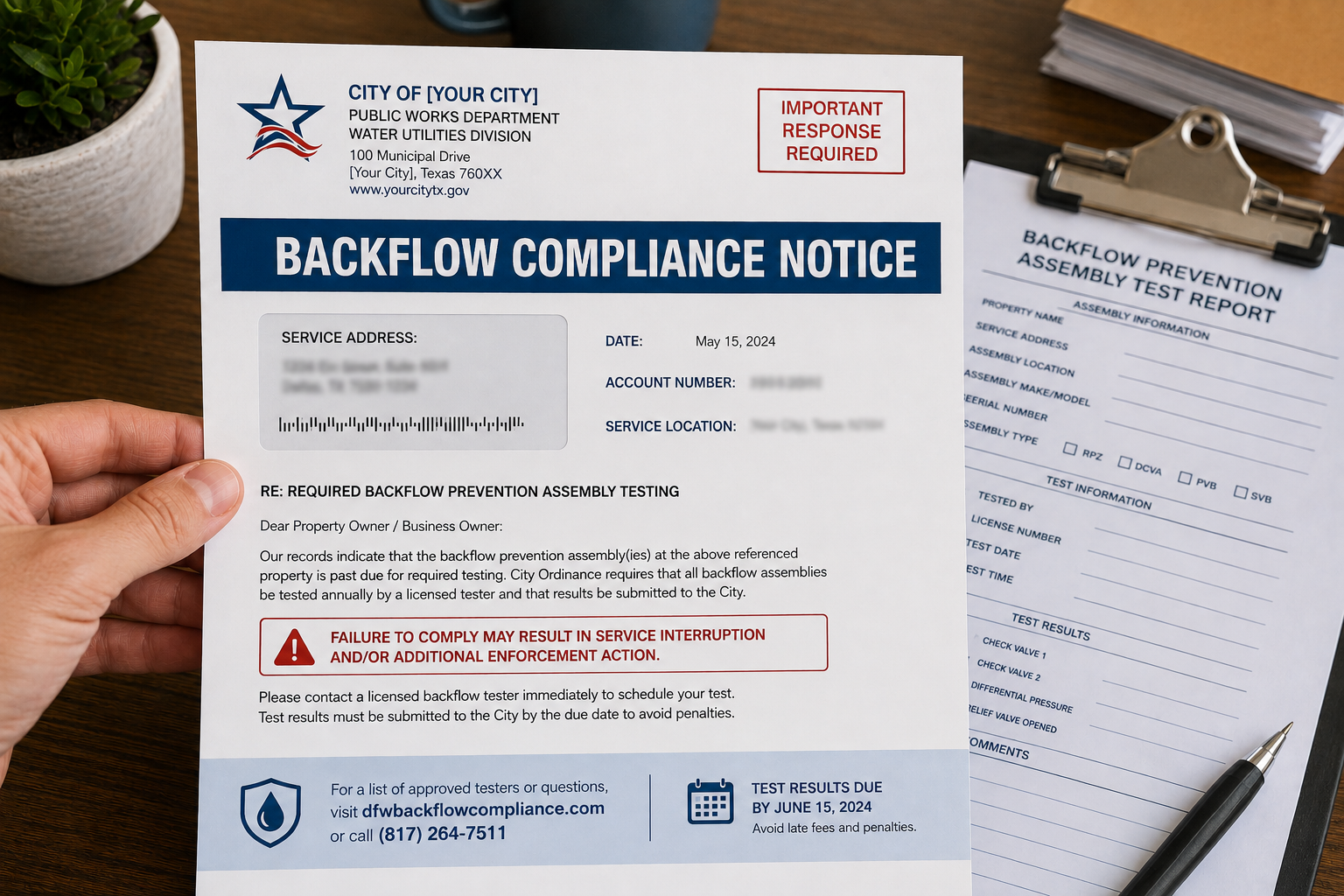 Generic municipal backflow compliance notice letter requiring annual testing for a DFW property owner.