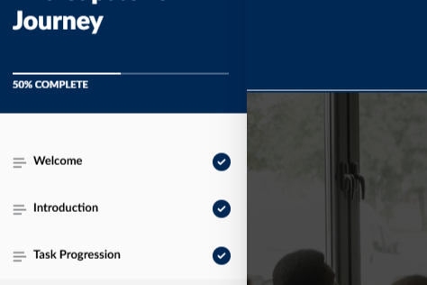 Screenshot of an online course progress page showing 50% completion with sections labeled Welcome, Introduction, and Task Progression.