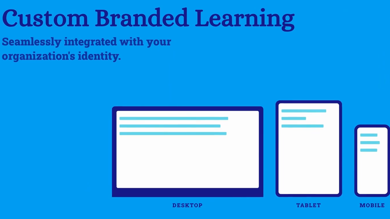 Blue background graphic showing different device screens (desktop, tablet, mobile) with text about custom branded learning and seamless integration with an organization's identity.